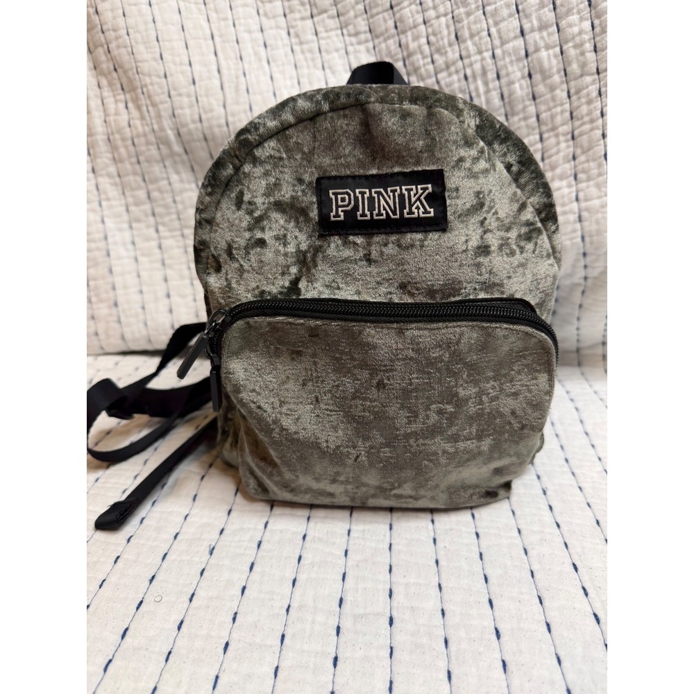 Victoria's Secret PINK Mini Backpack Olive Green Crushed Velvet Logo Straps